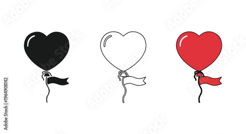 Three hand-drawn hearts in black white and red with ribbons, symbolizing love and affection in different colors