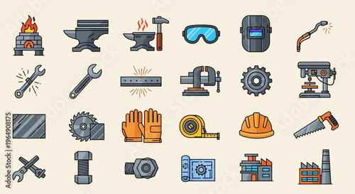 Set of industrial and construction tools flat design icons