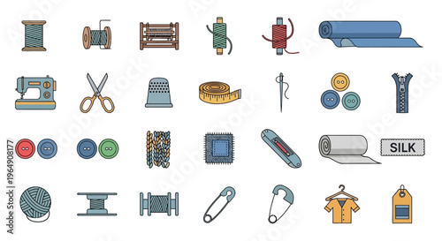 A collection of colorful sewing and tailoring tools icons