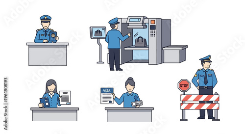 Airport security and immigration process with officers, documents, and luggage scanning.
