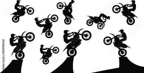 Motorcycle Stunt Rider Silhouette Set Performing Wheelies and Jumps on Ramps, Extreme Sports Action and Motocross Tricks Illustration