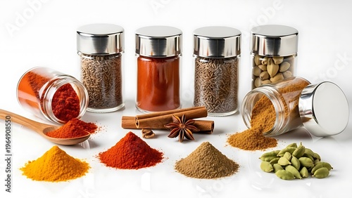 Variety of ground spices and seeds in jars with rustic wooden spoon