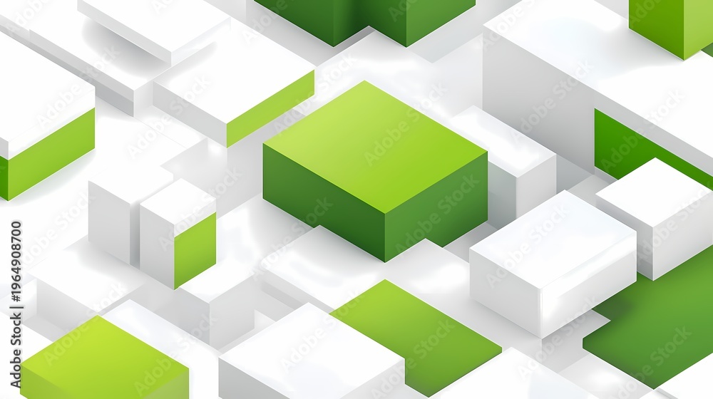 Obraz premium Modern 3D Isometric Green and White Rectangular Blocks Representing Sustainable Growth, Modular Architecture and Data Management
