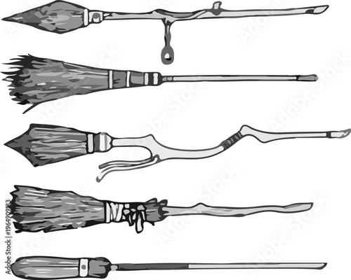 Minimalist Black Ink Fantasy Prop Illustrations Focused on Authentic-Looking Witch Brooms and Flying Implements for Creative Graphic Design
