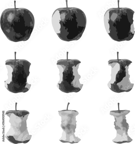 Minimalist Food Concept Series of Apple Being Consumed to the Core Isolated for Nutrition Awareness and Healthy Lifestyle Design