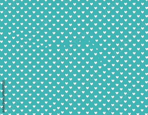Turquoise background scattered with evenly spaced white hearts. Simple, repetitive pattern