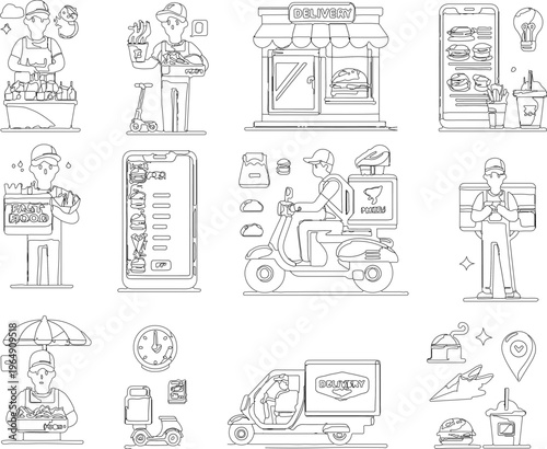 Modern Flat Illustration of Fast Food Delivery Service with Scooters, Burgers, and Mobile App Orders