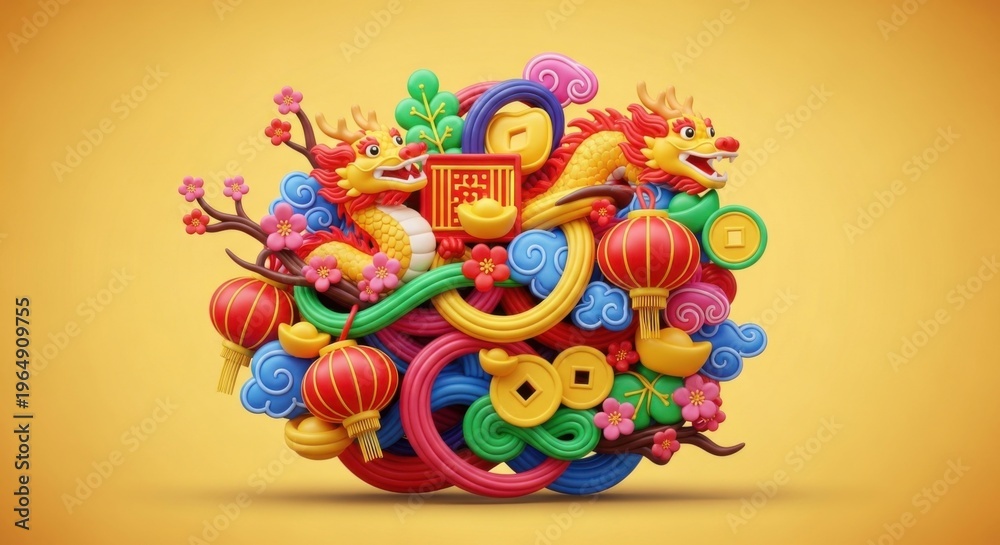 Fototapeta premium Vibrant Chinese Dragon Design with Lanterns and Floral Elements