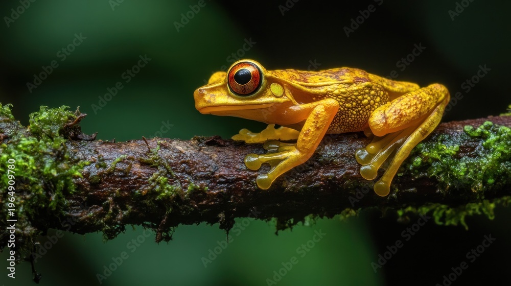 Obraz premium Small, vibrant yellow frog perched on a branch
