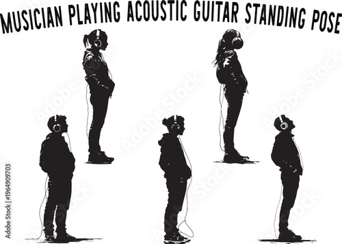 Musician playing acoustic guitar silhouette standing pose vector illustration