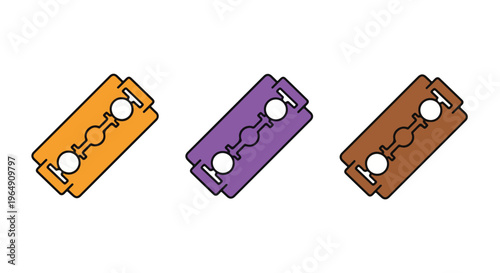 Three colorful razor blades with wavy edges and holes on a plain white background in a flat lay composition.