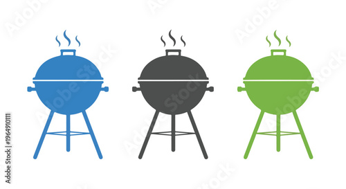 Colorful illustration of three round barbecue grills in blue, black, and green on a white background with smoke rising.