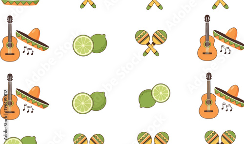 Mexican fiesta vector pattern with sombrero, maracas, guitar, and lime seamless background