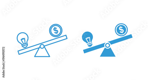 Graphic illustration of two balance scales with a lightbulb and dollar sign on each, symbolizing ideas versus money, on a white background with blue lines.