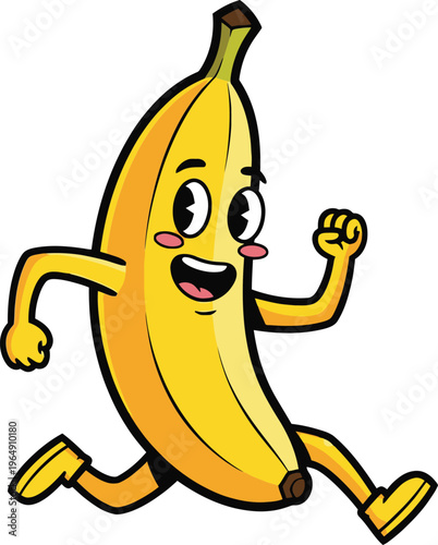 Cartoon banana character running with smile smiling