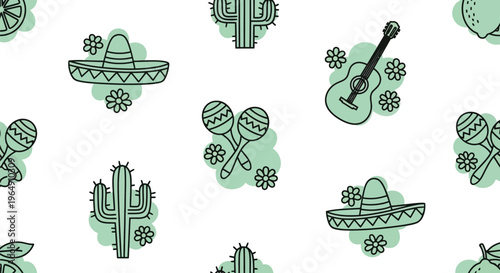 Mexican fiesta seamless vector pattern with sombrero, cactus, guitar, maracas, and flowers