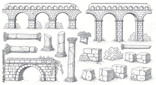 Ancient Roman Aqueduct Ruins and Stone Fragments - Hand-Drawn Sketch Style