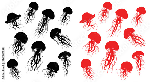 Black and Red Jellyfish Silhouettes, Marine Life Illustration