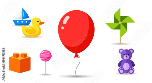 Children's Toys and Party Icons: Balloon, Duck, Pinwheel, Teddy Bear, Block, Lollipop