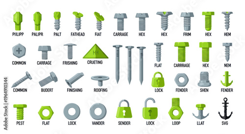 Collection of fasteners, hardware, and tools: screws, bolts, nuts, nails, locks, anchor