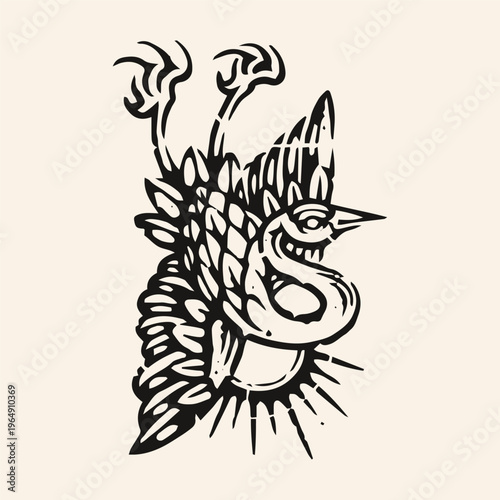 Vector illustration of swan and sun. Vintage linocut print art style. perfect for tattoo, t-shirts, poster, coloring book, etc