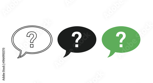 Flat lay of three speech bubbles with question marks in white, black, and green on a clean white background.