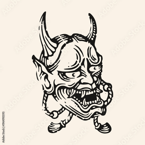 Vector illustration of "Hannya" mask from japanese mithology. Vintage linocut print art style. perfect for tattoo, t-shirts, poster, coloring book, etc