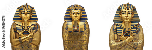 Quadro su tela Set and collection of ancient Egyptian golden pharaoh sarcophagus and Tutankhamun masks isolated on white transparent png background