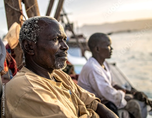 Two men on a boat, gazing intently at the horizon during a sunset or sunrise