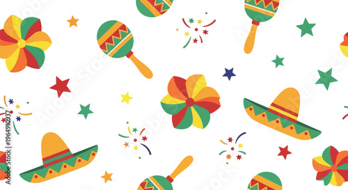 Festive Mexican vector pattern with sombreros, maracas, pinwheels, and confetti on white background