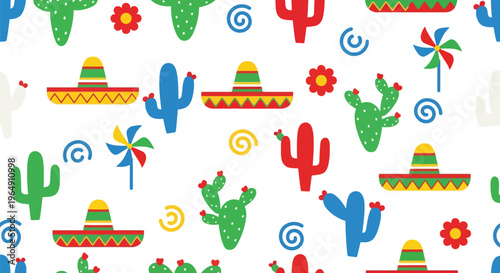 Mexican Fiesta Vector Pattern with Cactus, Sombrero, Pinwheel and Colorful Festive Elements