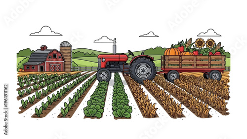 Red Tractor and Trailer in Farm Field.