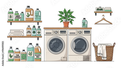 Laundry Room with Washing Machines and Supplies.