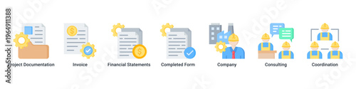 Documentation Flow web banner icon vector illustration with icons of Project Documentation,Invoice,Financial Statements,Completed Form,Company,Consulting and Coordination