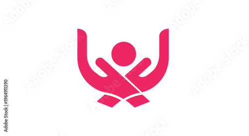 Pink Logo With Two Arms Raised.