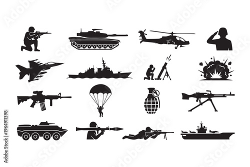 Military and War Silhouette Vector Icon Set: Army Vehicles, Soldiers, and Weapons