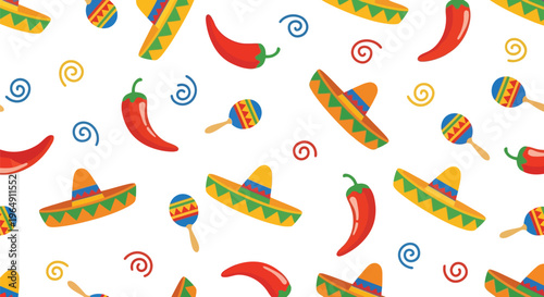 Mexican fiesta vector pattern with sombrero, chili pepper, maracas seamless colorful background