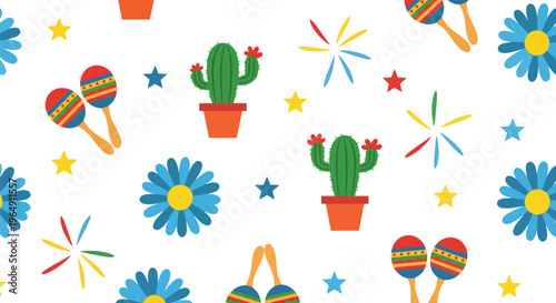 Mexican fiesta vector pattern with cactus, maracas, flowers, and colorful festive elements