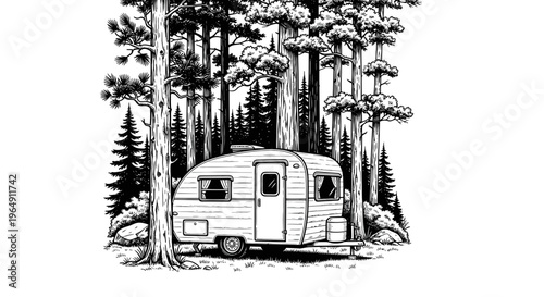 Vintage camper van parked in a dense pine forest, black and white illustration.