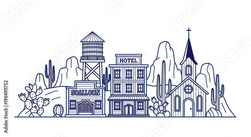 Wild West Town Skyline with Saloon, Hotel, Church, Cacti and Mountains