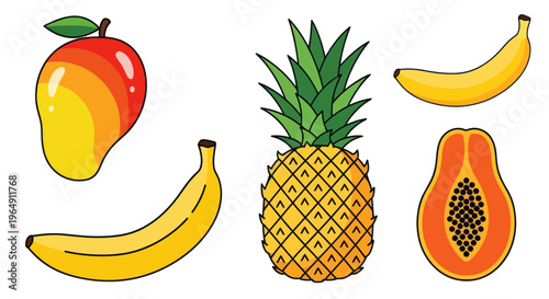 Assortment of Tropical Fruits: Mango, Pineapple, Bananas, Papaya Isolated