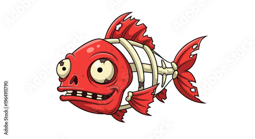 Cartoon Dead Fish Skeleton with Red Fins and Scary Face