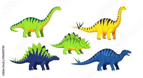 Cute Cartoon Dinosaurs - Brontosaurus, Stegosaurus, Triceratops, Ankylosaurus