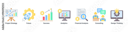 Strategy Growth web banner icon vector illustration with icons of Project Strategy,Future,Success,Analytics,Financial Analysis,Consulting and Design Thinking