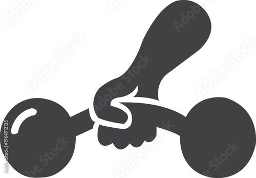 Abstract hand lifting dumbbell, simplified shapes, bold silhouette, flat icon design