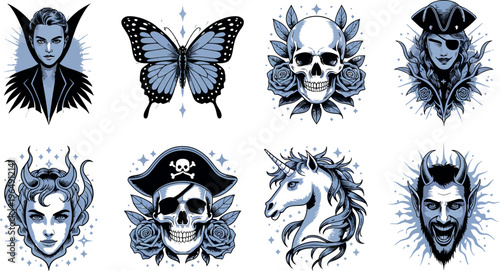 A set of eight detailed character and fantasy icons are rendered in a cool blue and white color scheme. 