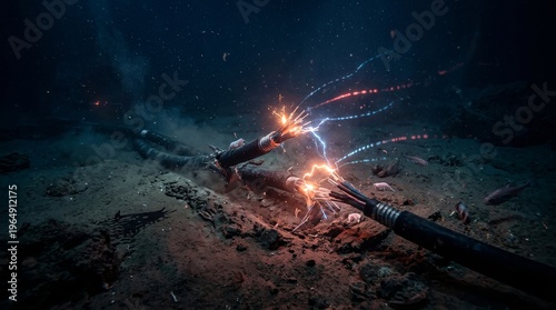 Underwater electrical short circuit with sparks and light in dark water.