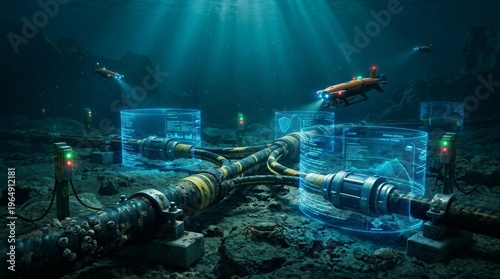 Underwater Data Cables and ROVs on the Ocean Floor.