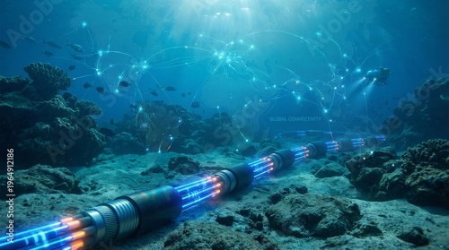 Underwater Fiber Optic Cable Illuminating the Ocean Floor with Data Flow.