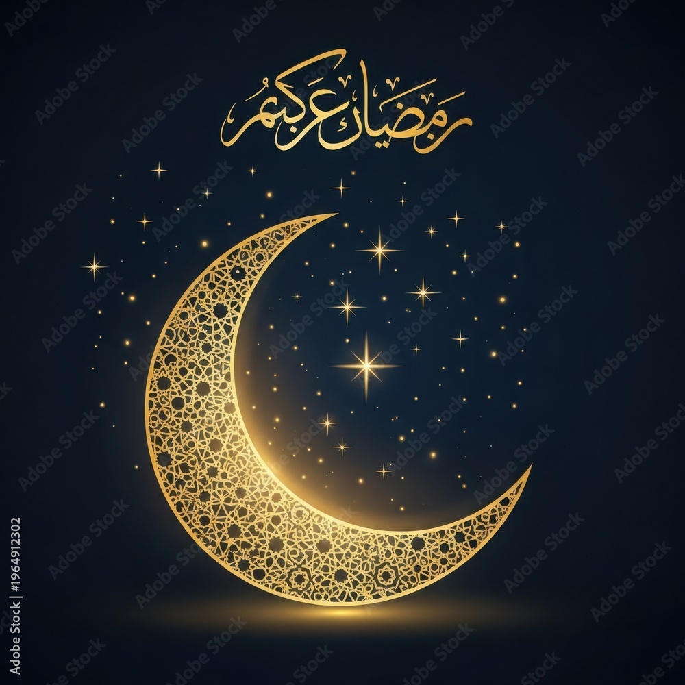 Naklejka premium Beautiful gold crescent moon with stars and arabic calligraphy illustration